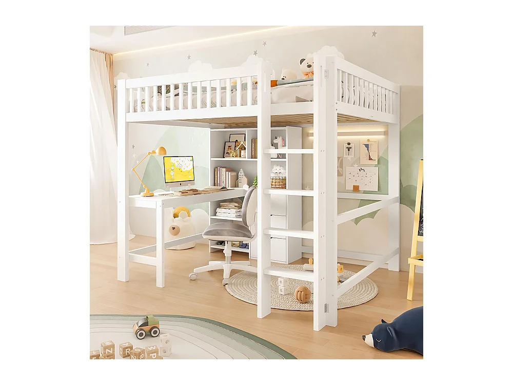 Lit mezzanine 140x200 cm rangement échelle bureau 3 tiroirs sans matelas blanc