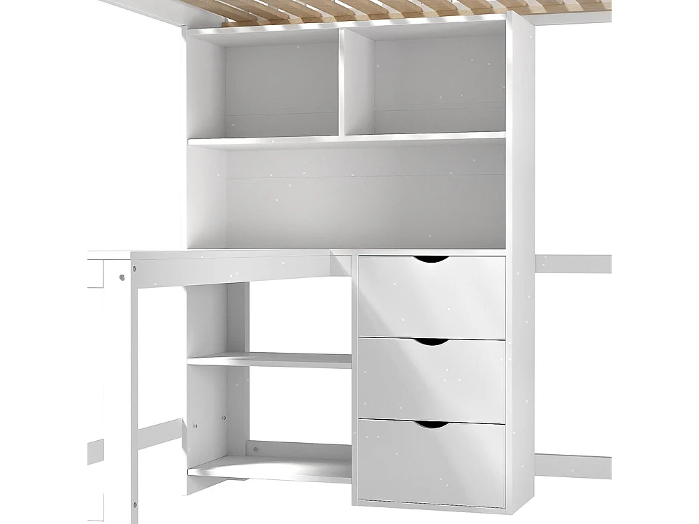 Lit mezzanine 140x200 cm rangement échelle bureau 3 tiroirs sans matelas blanc