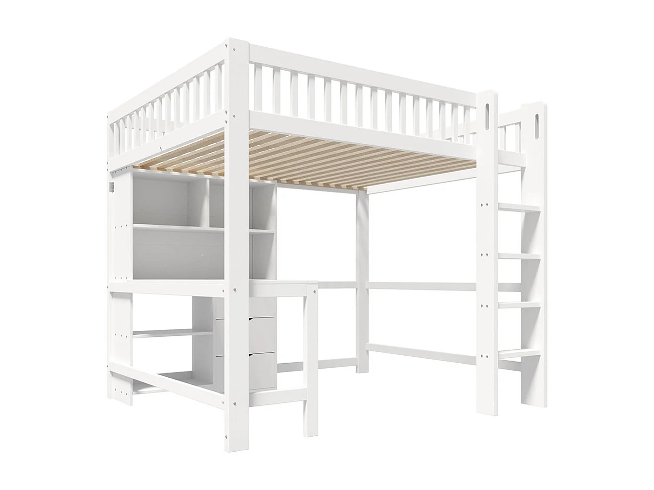 Letto a soppalco 140x200 cm con ripiani scala e scrivania a 3 cassetti senza materasso bianco