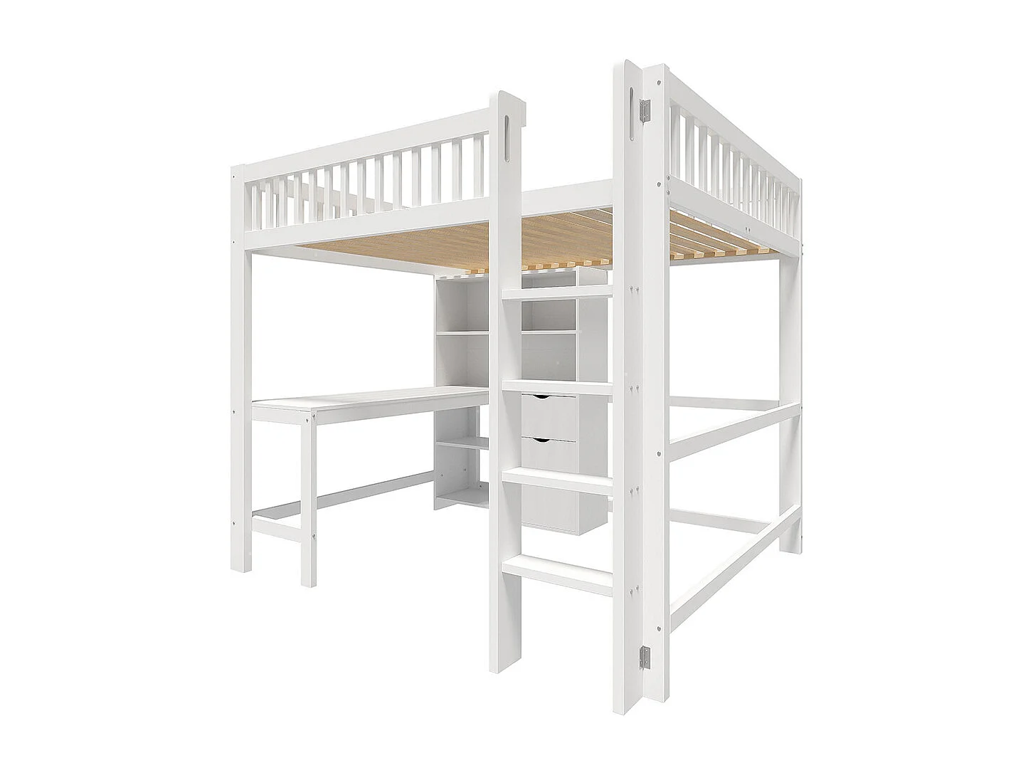 Letto a soppalco 140x200 cm con ripiani scala e scrivania a 3 cassetti senza materasso bianco