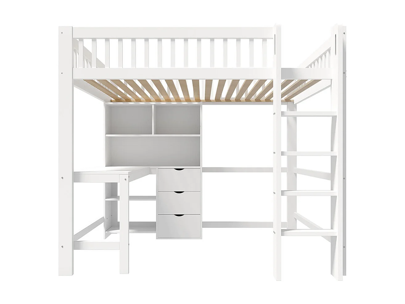 Letto a soppalco 140x200 cm con ripiani scala e scrivania a 3 cassetti senza materasso bianco