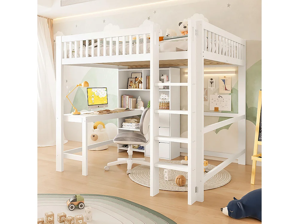 Letto a soppalco 140x200 cm con ripiani scala e scrivania a 3 cassetti senza materasso bianco