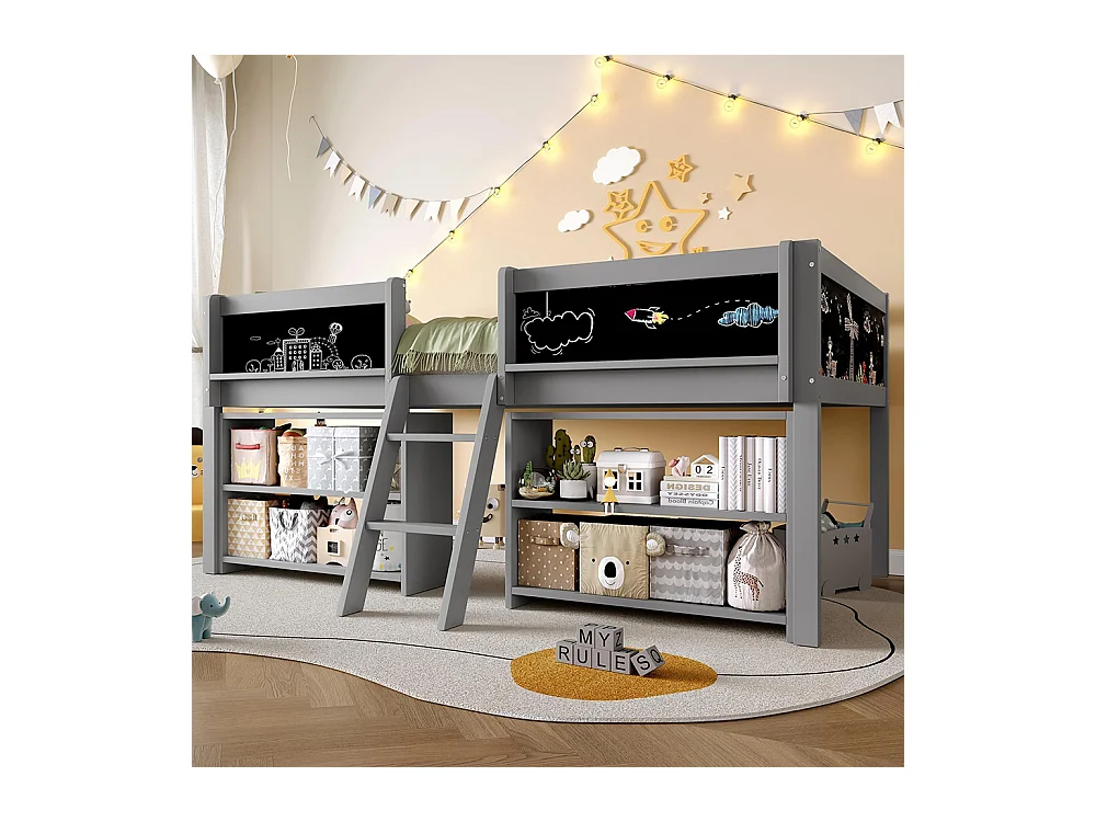 Lit mi hauteur lit mezzanine 90x200 cm pin gris sans matelas échelle barrières étagères style minimaliste