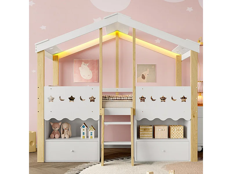 Lit mi-haut maison 90x200 cm 2 tiroirs LED sans matelas blanc naturel