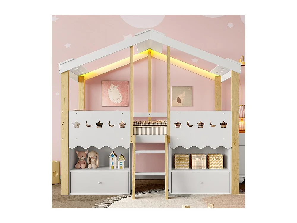 Lit mi-haut maison 90x200 cm 2 tiroirs LED sans matelas blanc naturel