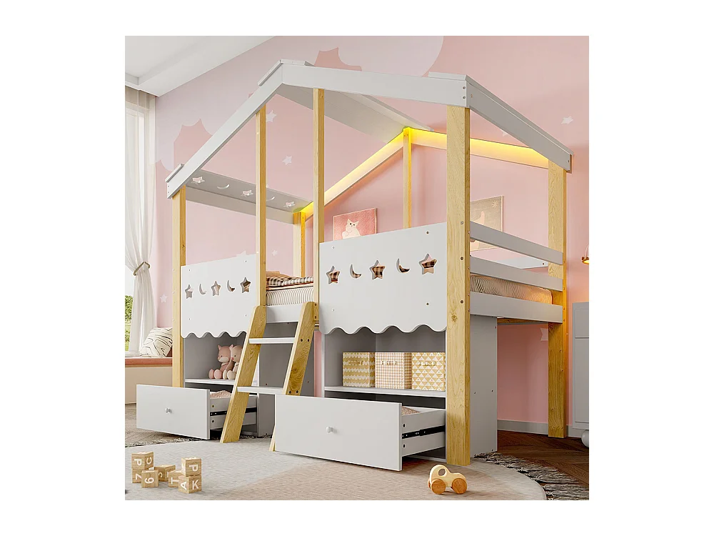 Lit mi-haut maison 90x200 cm 2 tiroirs LED sans matelas blanc naturel