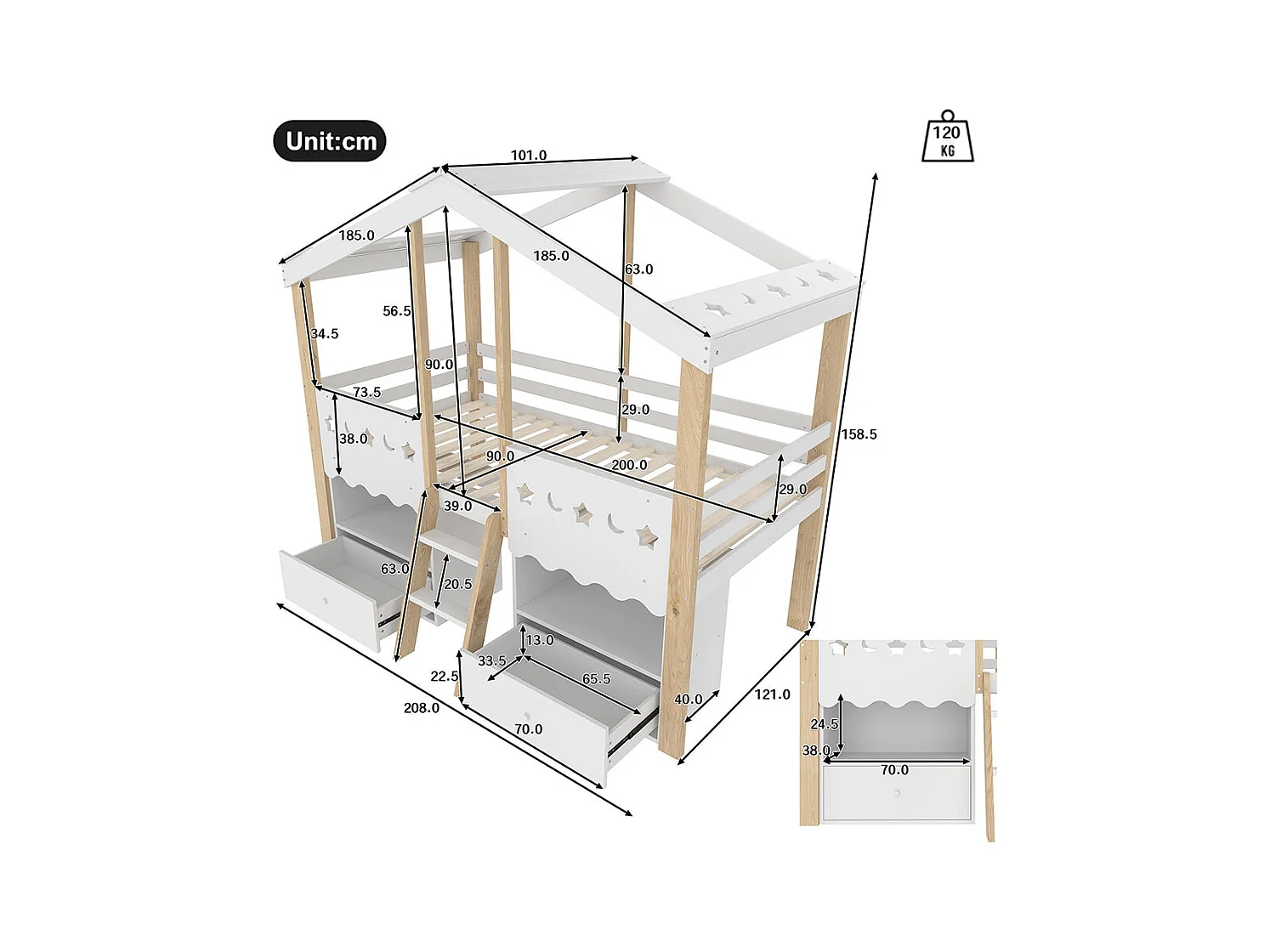 Lit mi-haut maison 90x200 cm 2 tiroirs LED sans matelas blanc naturel