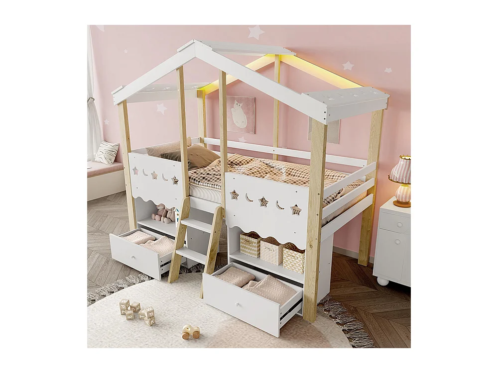 Lit mi-haut maison 90x200 cm 2 tiroirs LED sans matelas blanc naturel