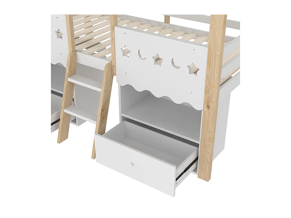 Lit mi-haut maison 90x200 cm 2 tiroirs LED sans matelas blanc naturel