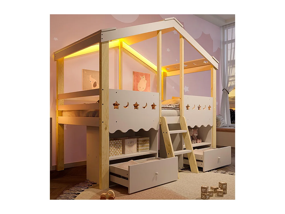 Lit mi-haut maison 90x200 cm 2 tiroirs LED sans matelas blanc naturel