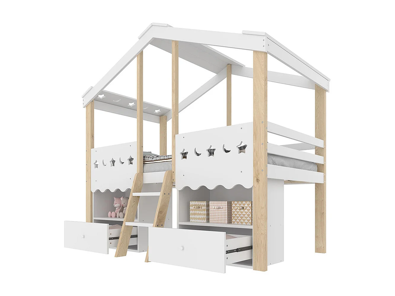 Lit mi-haut maison 90x200 cm 2 tiroirs LED sans matelas blanc naturel