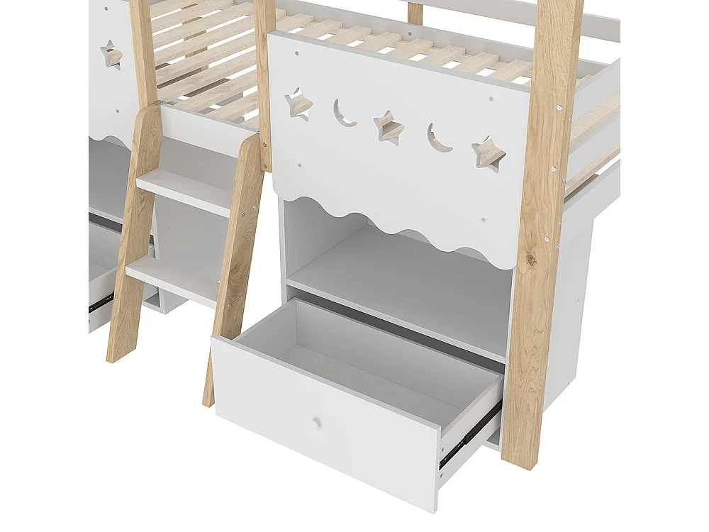 Lit mi-haut maison 90x200 cm 2 tiroirs LED sans matelas blanc naturel