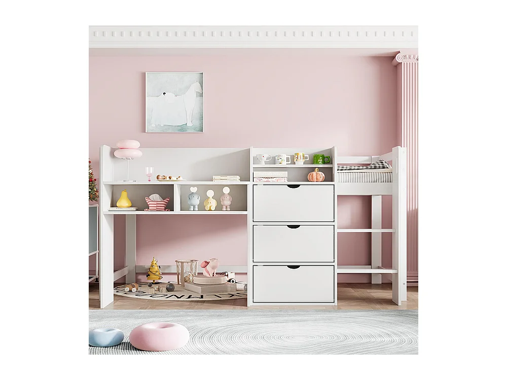 Lit mi-haut maison 90x200 cm rangement espace divertissement sans matelas blanc