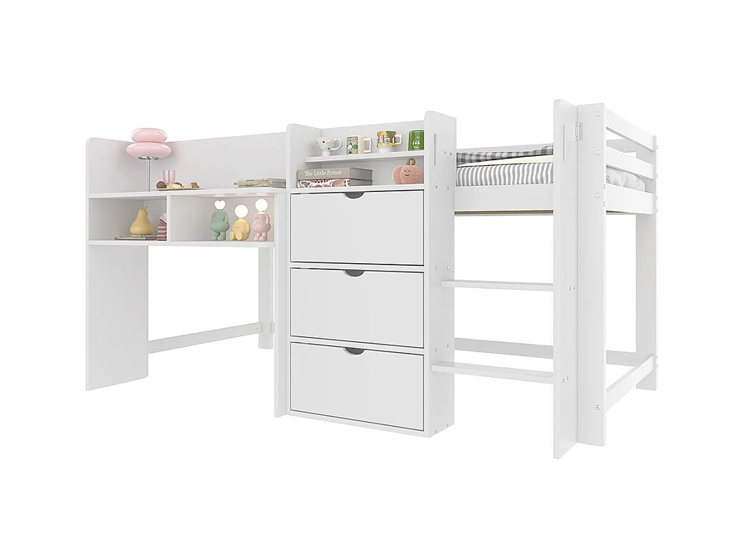 Lit mi-haut maison 90x200 cm rangement espace divertissement sans matelas blanc