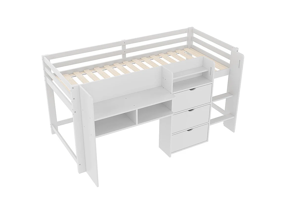 Lit mi-haut maison 90x200 cm rangement espace divertissement sans matelas blanc