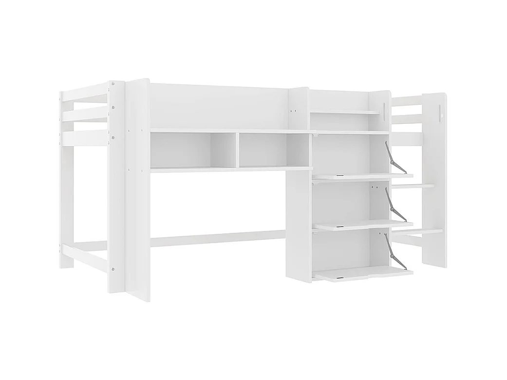 Lit mi-haut maison 90x200 cm rangement espace divertissement sans matelas blanc