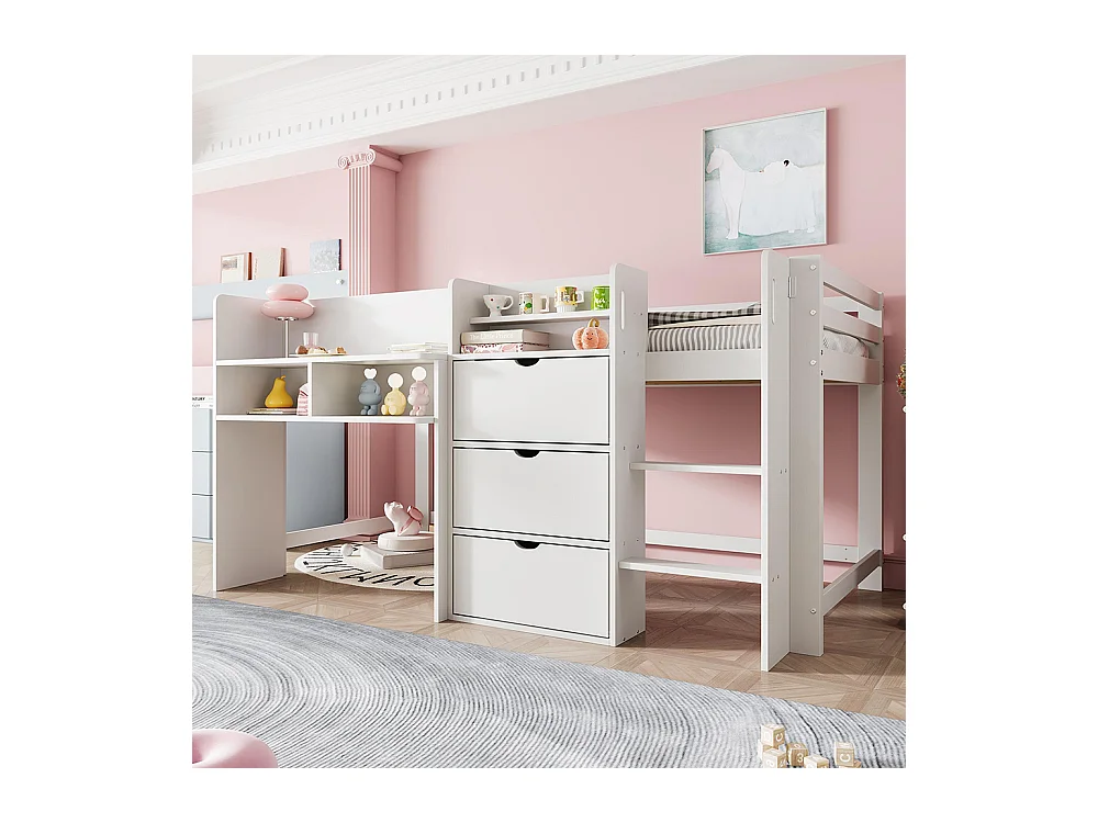 Lit mi-haut maison 90x200 cm rangement espace divertissement sans matelas blanc