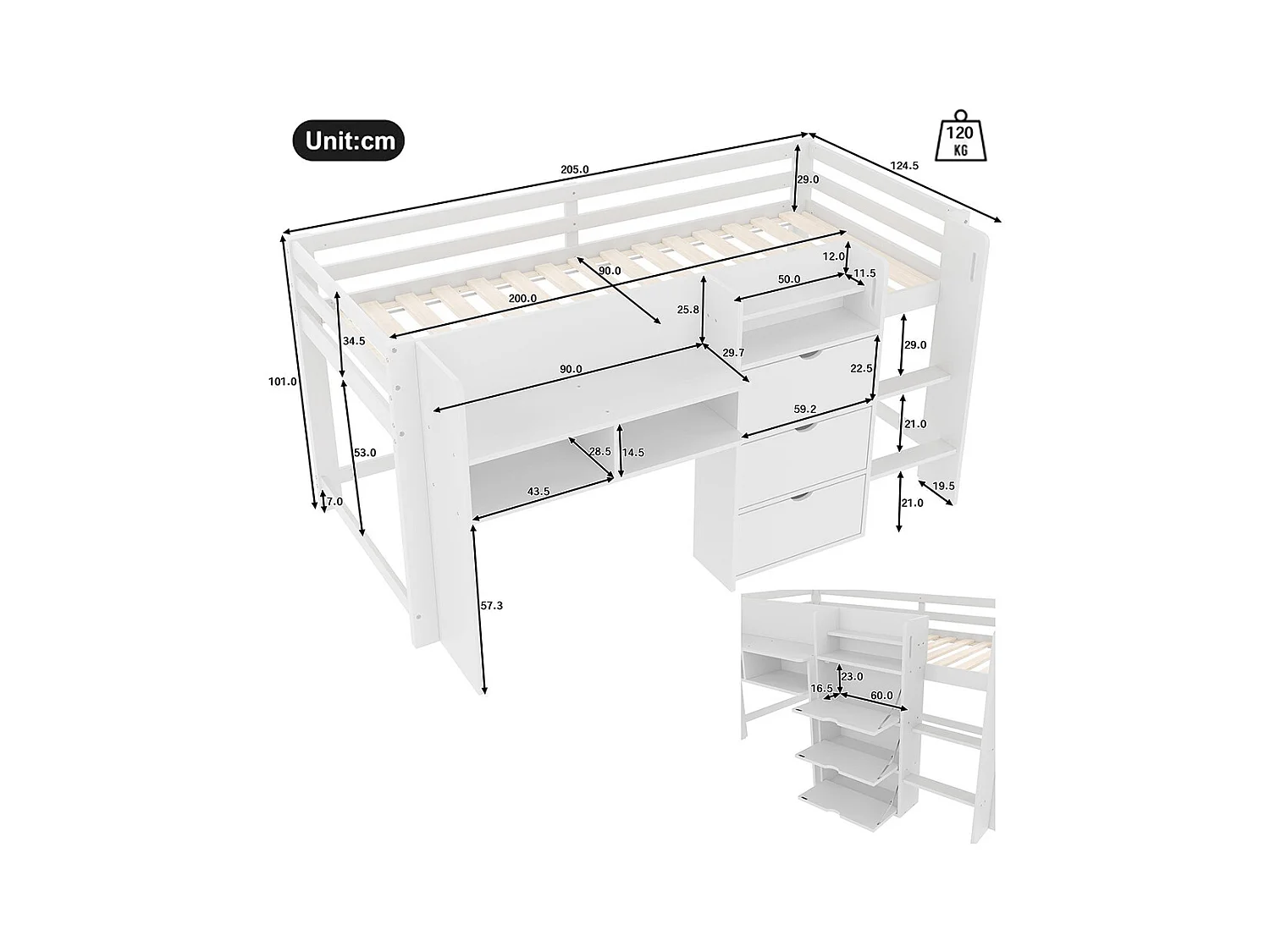Lit mi-haut maison 90x200 cm rangement espace divertissement sans matelas blanc