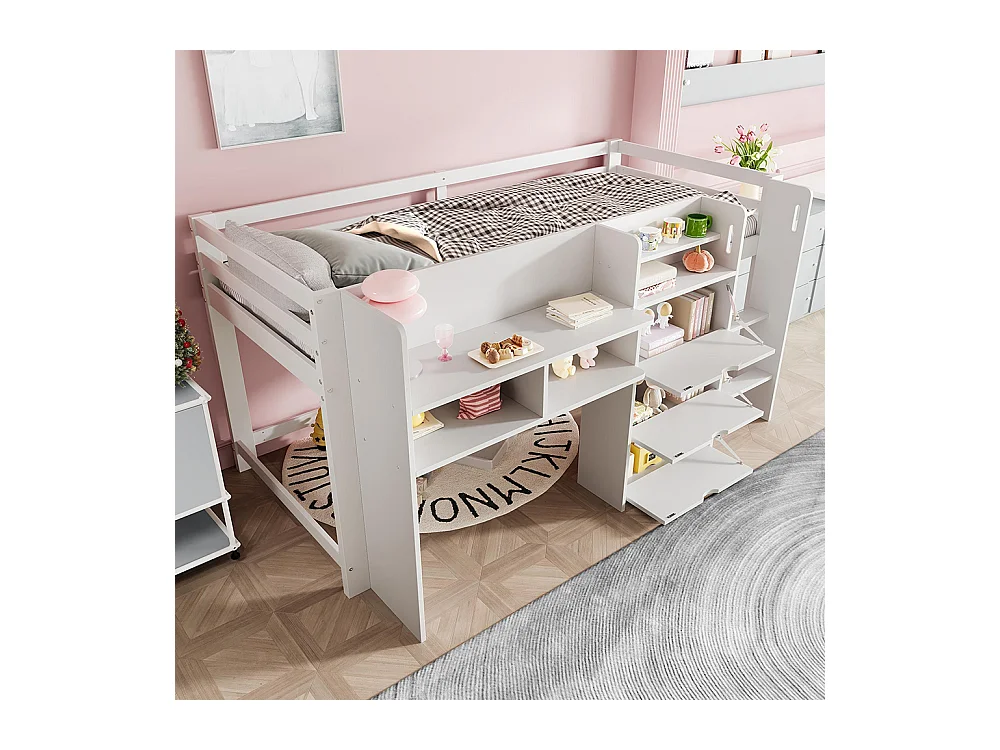 Lit mi-haut maison 90x200 cm rangement espace divertissement sans matelas blanc