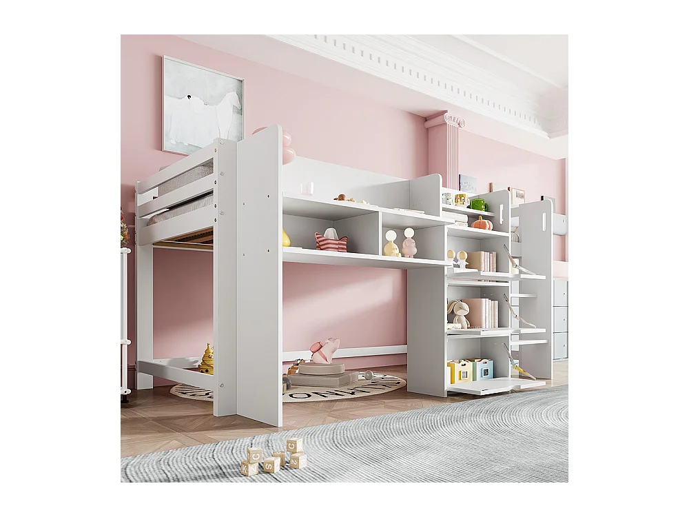 Lit mi-haut maison 90x200 cm rangement espace divertissement sans matelas blanc