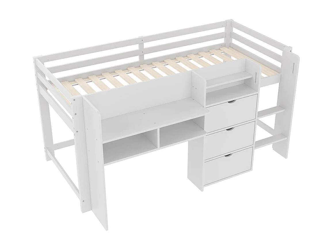 Lit mi-haut maison 90x200 cm rangement espace divertissement sans matelas blanc