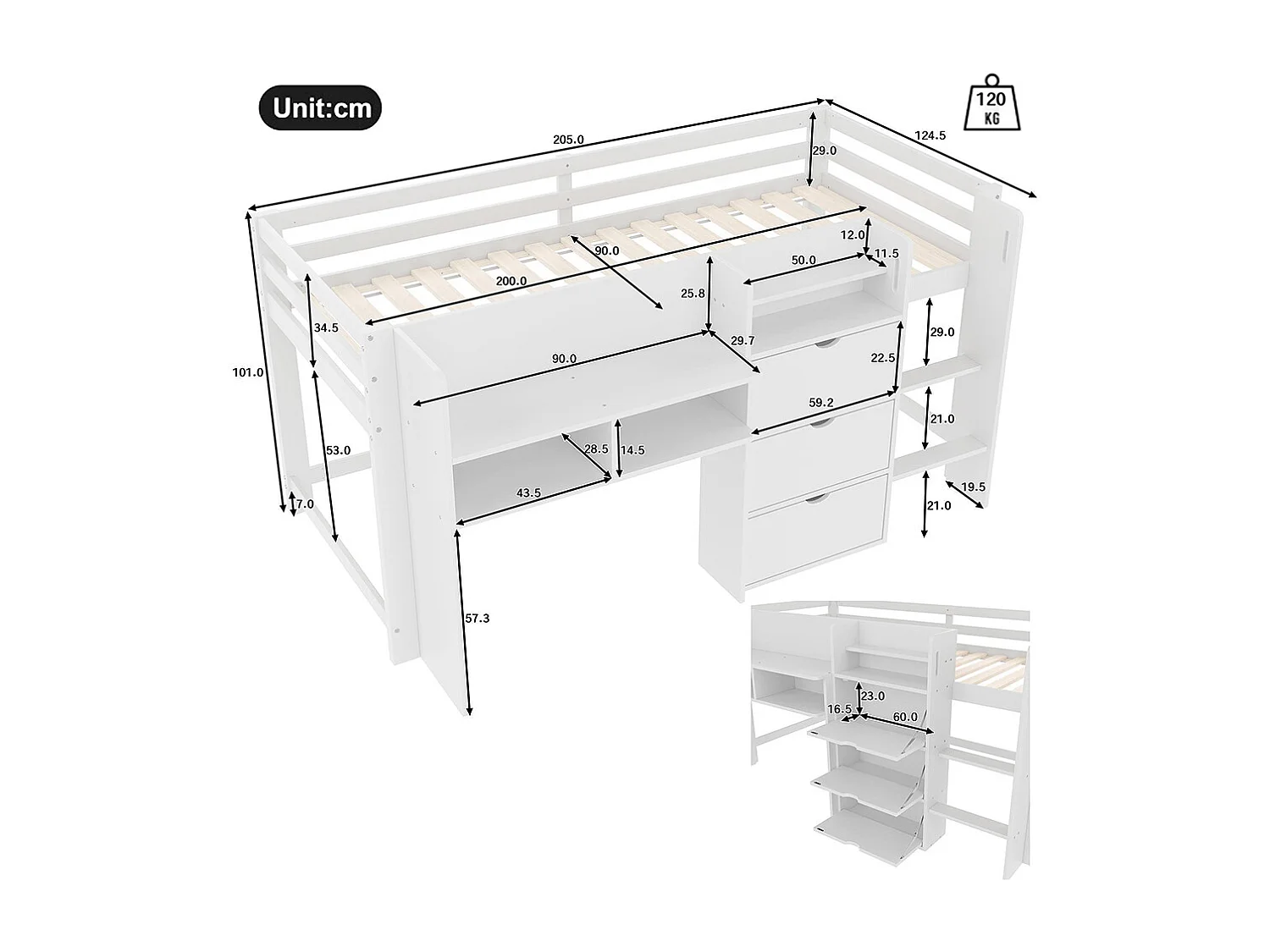 Lit mi-haut maison 90x200 cm rangement espace divertissement sans matelas blanc