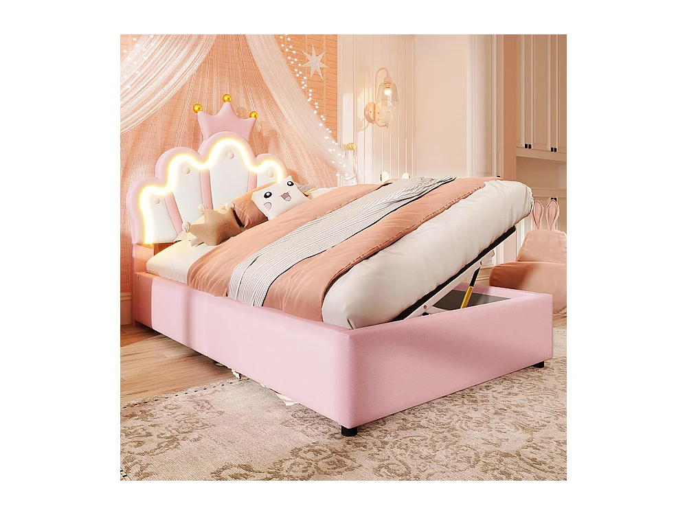 Lit coffre princesse rembourré 90x200 cm sans matelas LED hydraulique tête réglable couronne PU rose