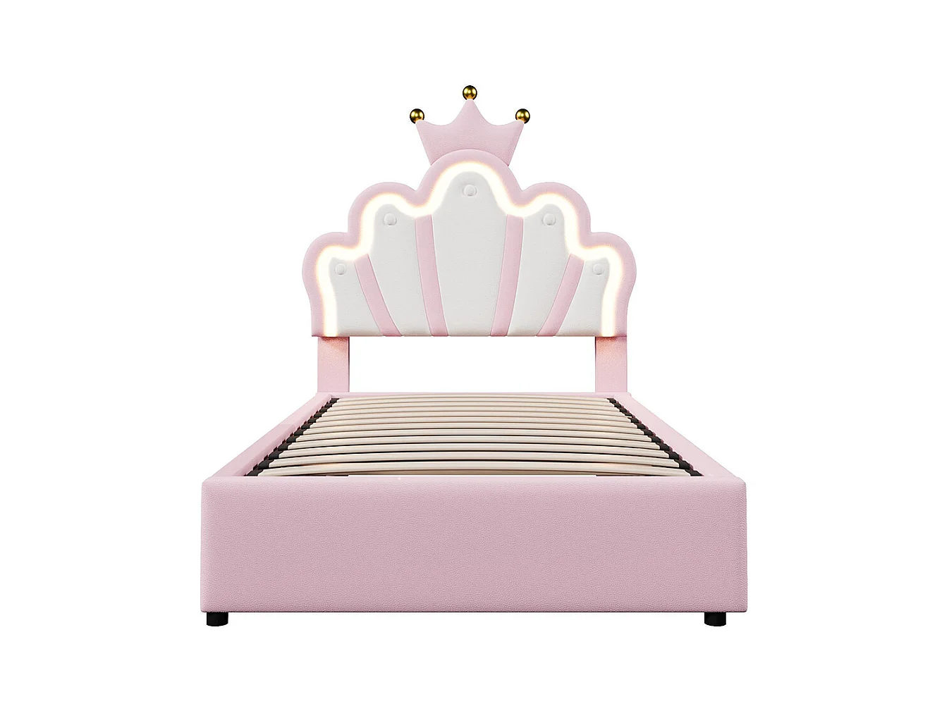 Lit coffre princesse rembourré 90x200 cm sans matelas LED hydraulique tête réglable couronne PU rose