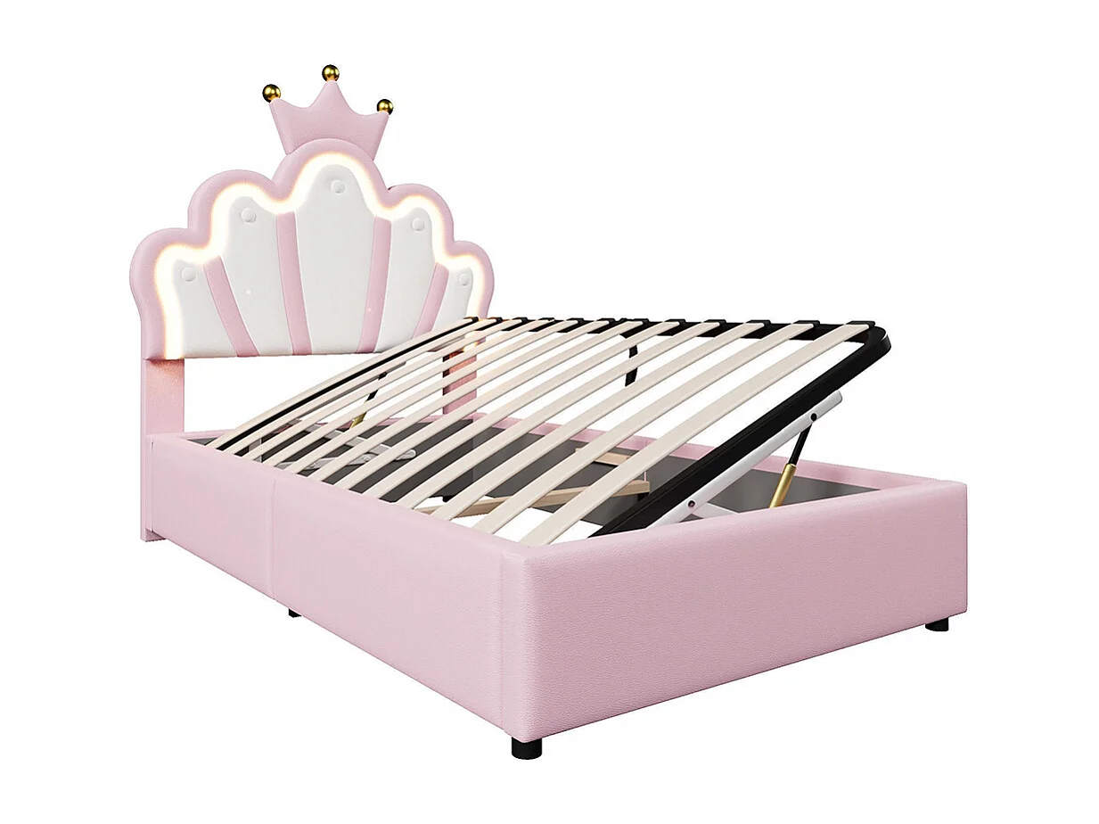Lit coffre princesse rembourré 90x200 cm sans matelas LED hydraulique tête réglable couronne PU rose