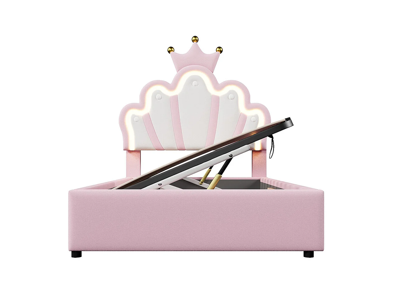 Lit coffre princesse rembourré 90x200 cm sans matelas LED hydraulique tête réglable couronne PU rose