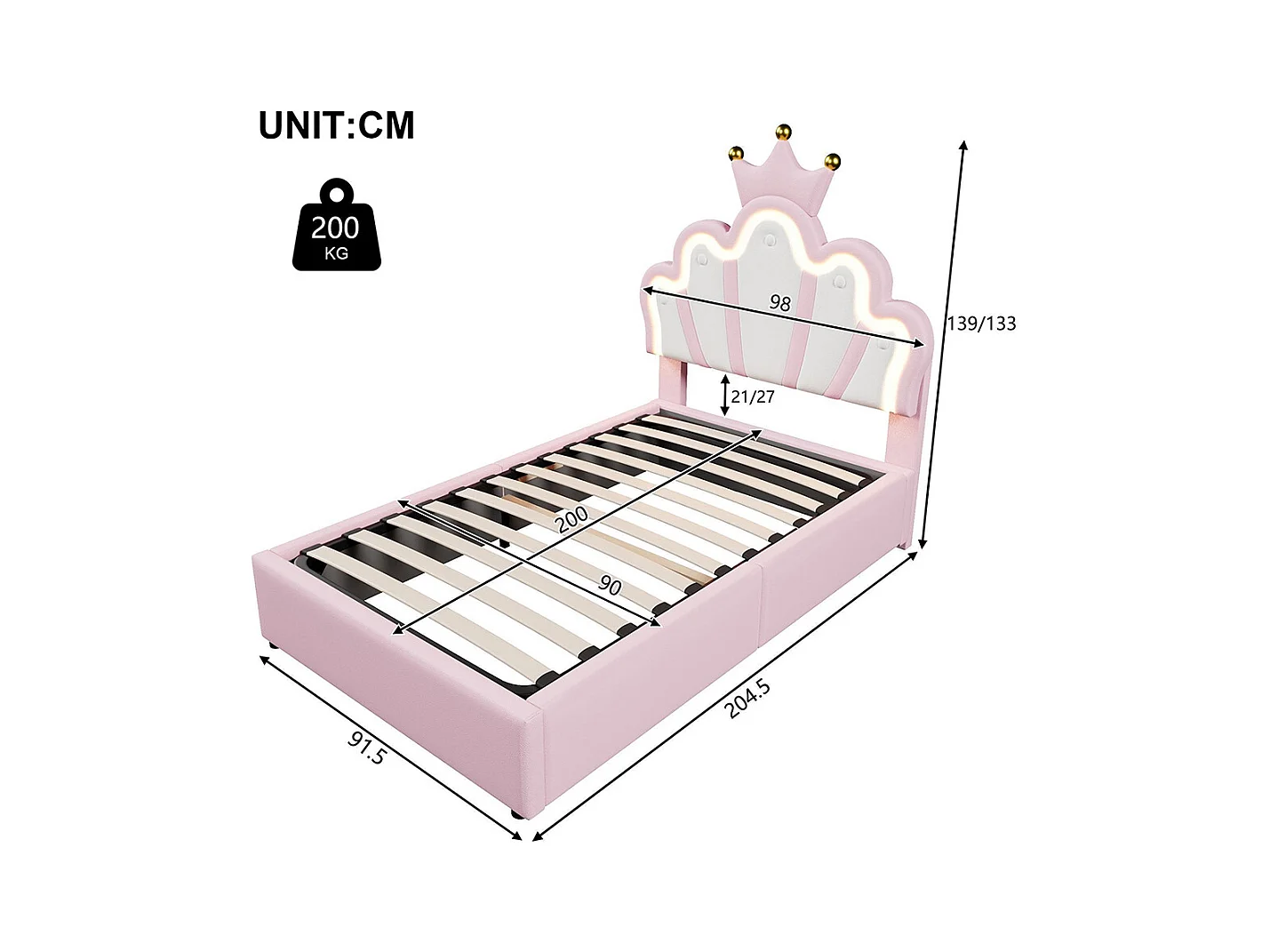 Lit coffre princesse rembourré 90x200 cm sans matelas LED hydraulique tête réglable couronne PU rose