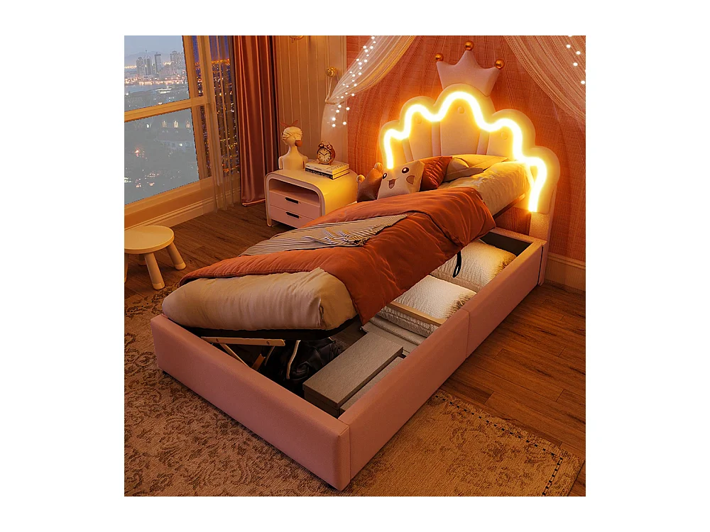 Lit coffre princesse rembourré 90x200 cm sans matelas LED hydraulique tête réglable couronne PU rose