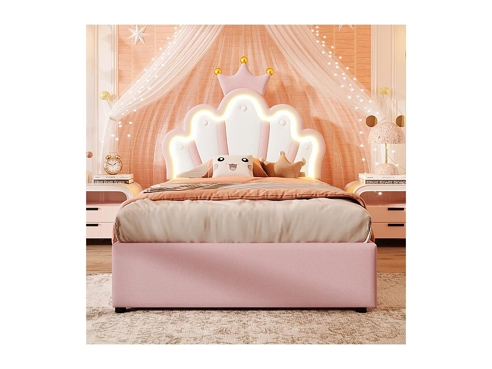 Lit coffre princesse rembourré 90x200 cm sans matelas LED hydraulique tête réglable couronne PU rose