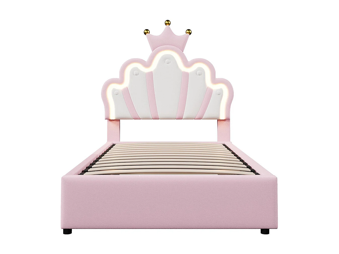 Lit coffre princesse rembourré 90x200 cm sans matelas LED hydraulique tête réglable couronne PU rose