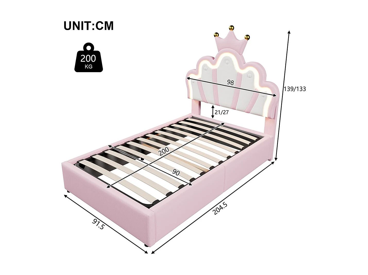 Lit coffre princesse rembourré 90x200 cm sans matelas LED hydraulique tête réglable couronne PU rose