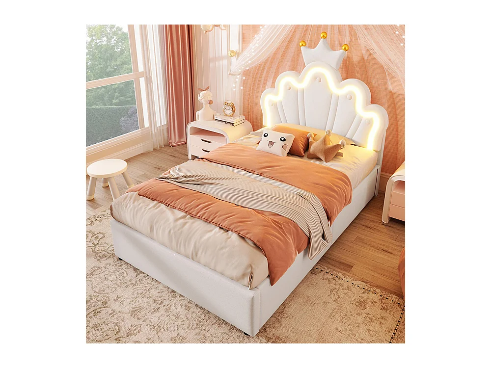 Lit coffre princesse rembourré 90x200 cm sans matelas LED hydraulique tête réglable couronne PU blanc