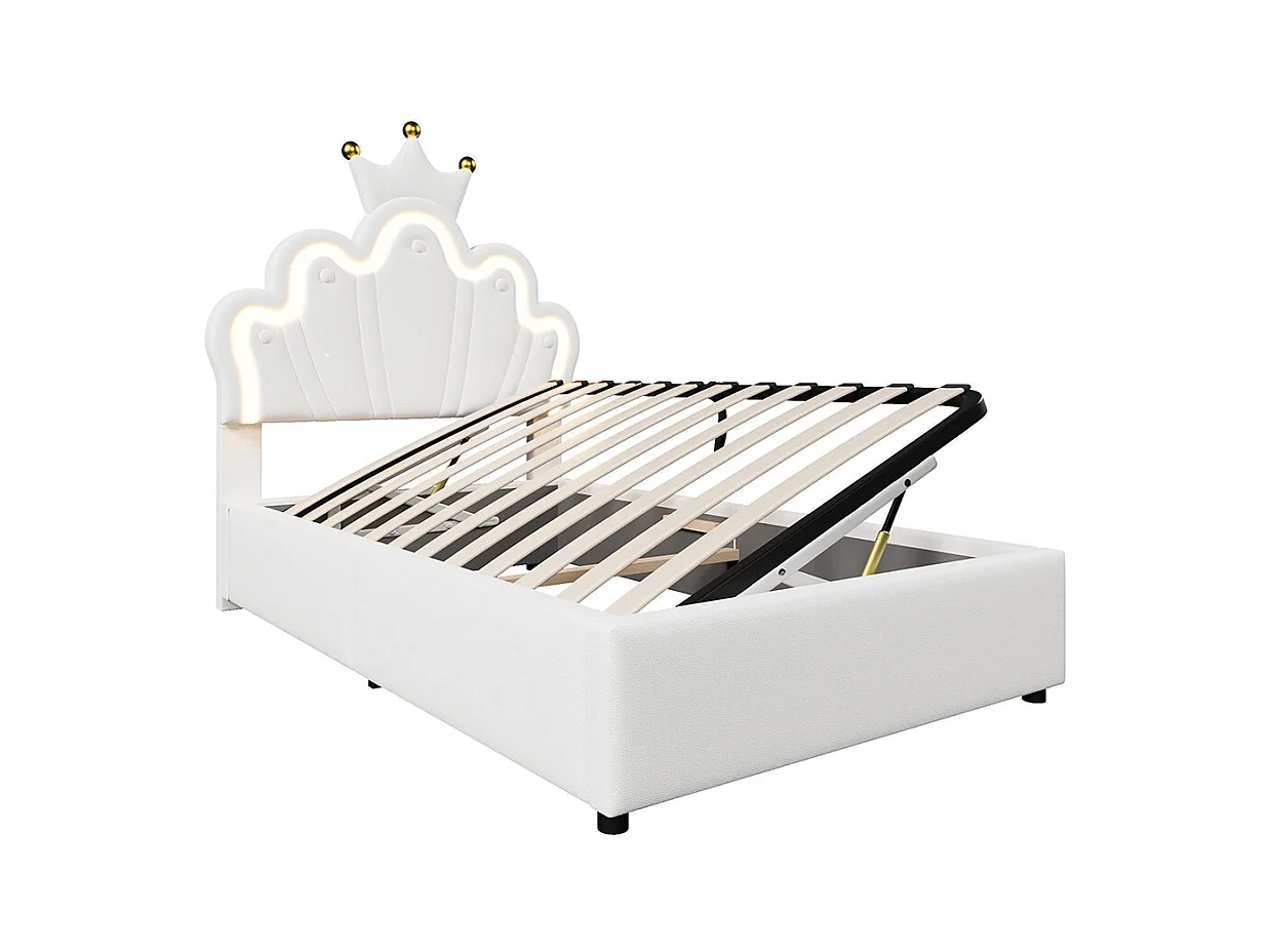 Lit coffre princesse rembourré 90x200 cm sans matelas LED hydraulique tête réglable couronne PU blanc