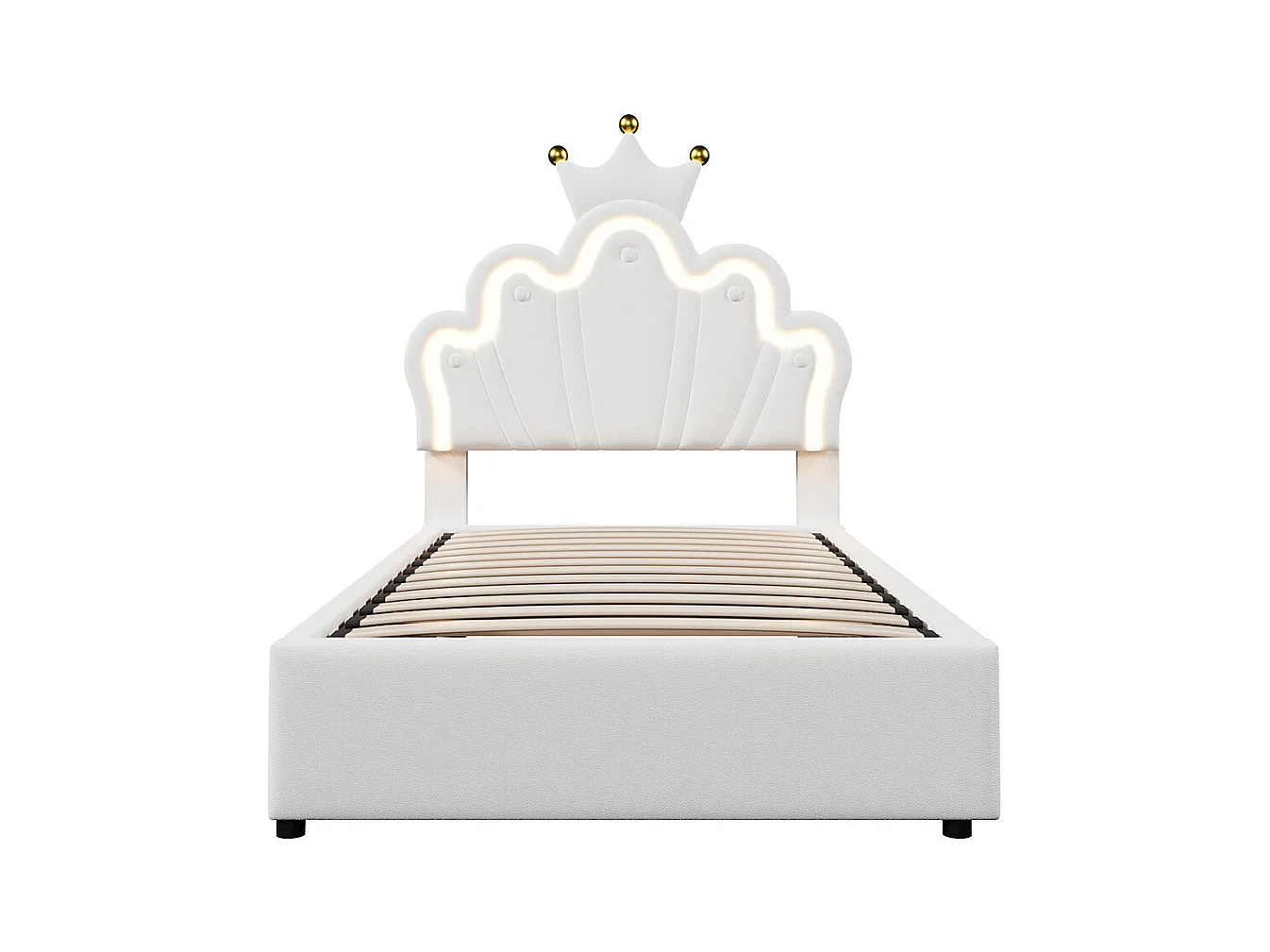 Lit coffre princesse rembourré 90x200 cm sans matelas LED hydraulique tête réglable couronne PU blanc