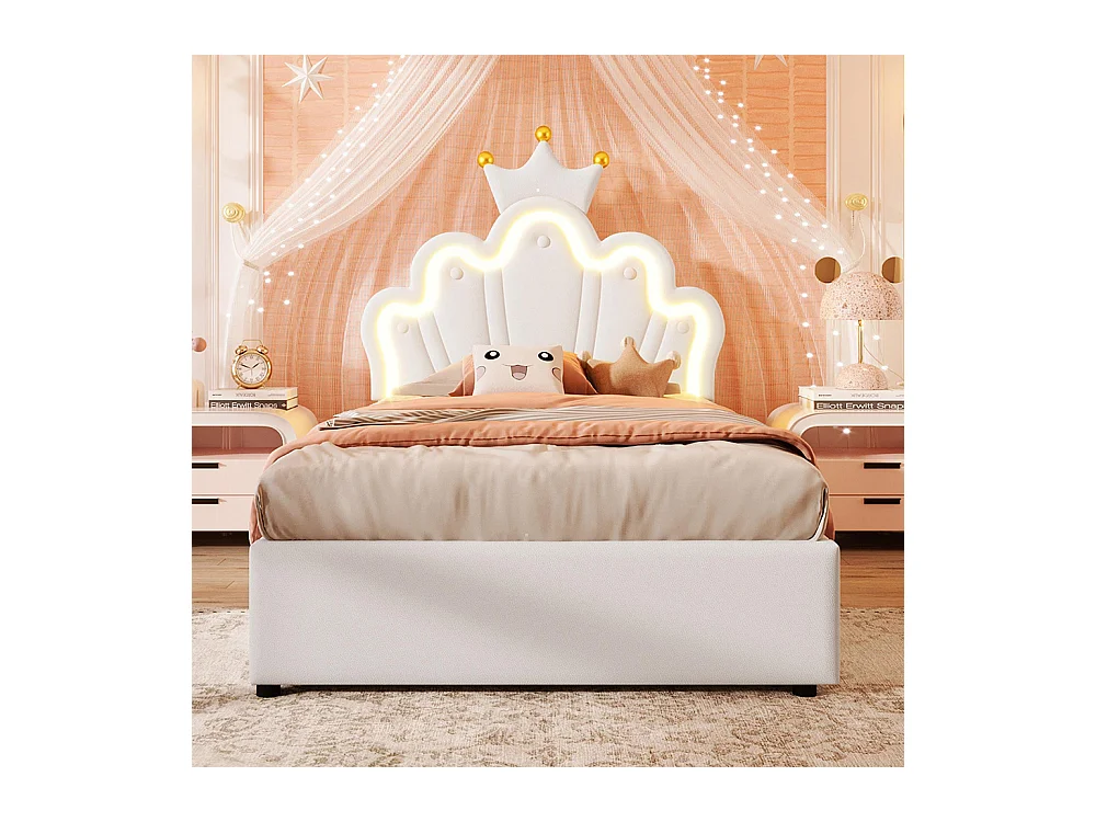 Lit coffre princesse rembourré 90x200 cm sans matelas LED hydraulique tête réglable couronne PU blanc