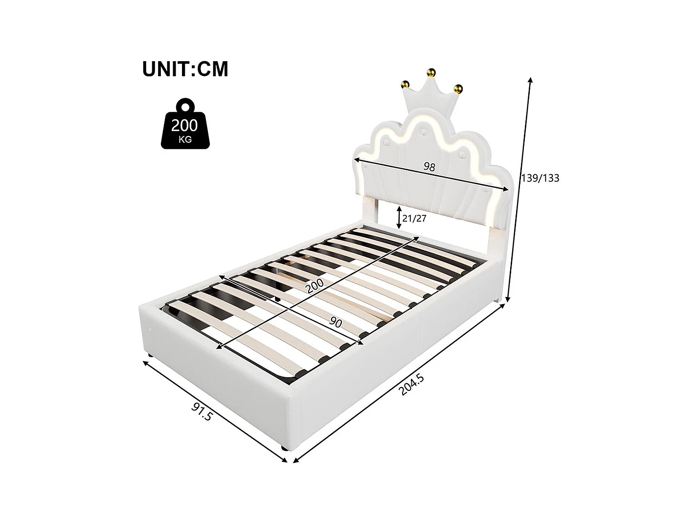 Lit coffre princesse rembourré 90x200 cm sans matelas LED hydraulique tête réglable couronne PU blanc