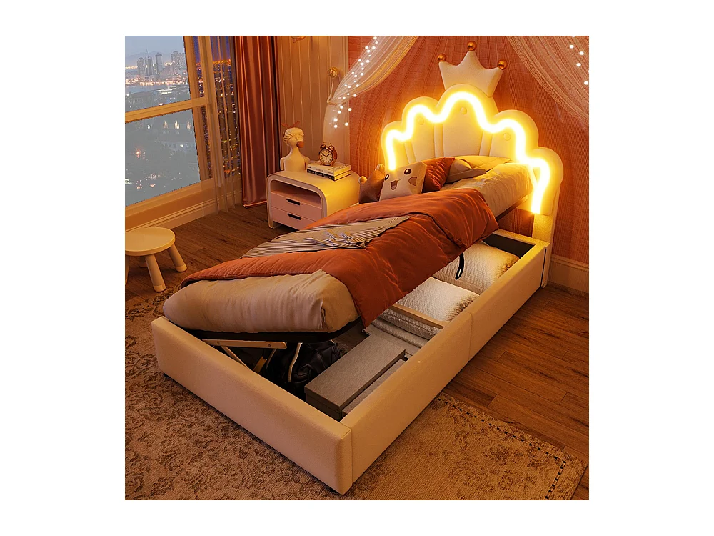 Lit coffre princesse rembourré 90x200 cm sans matelas LED hydraulique tête réglable couronne PU blanc