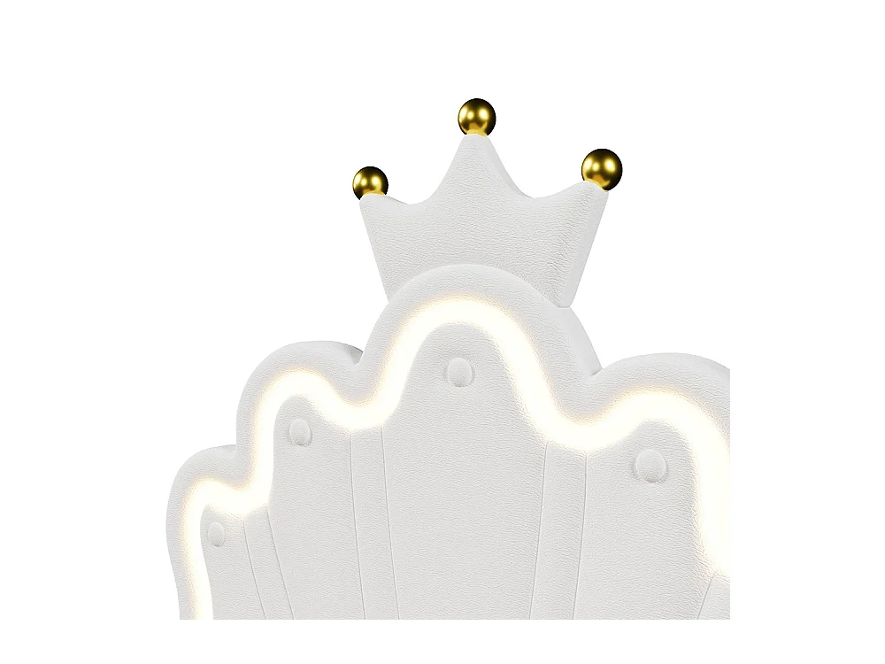 Lit coffre princesse rembourré 90x200 cm sans matelas LED hydraulique tête réglable couronne PU blanc