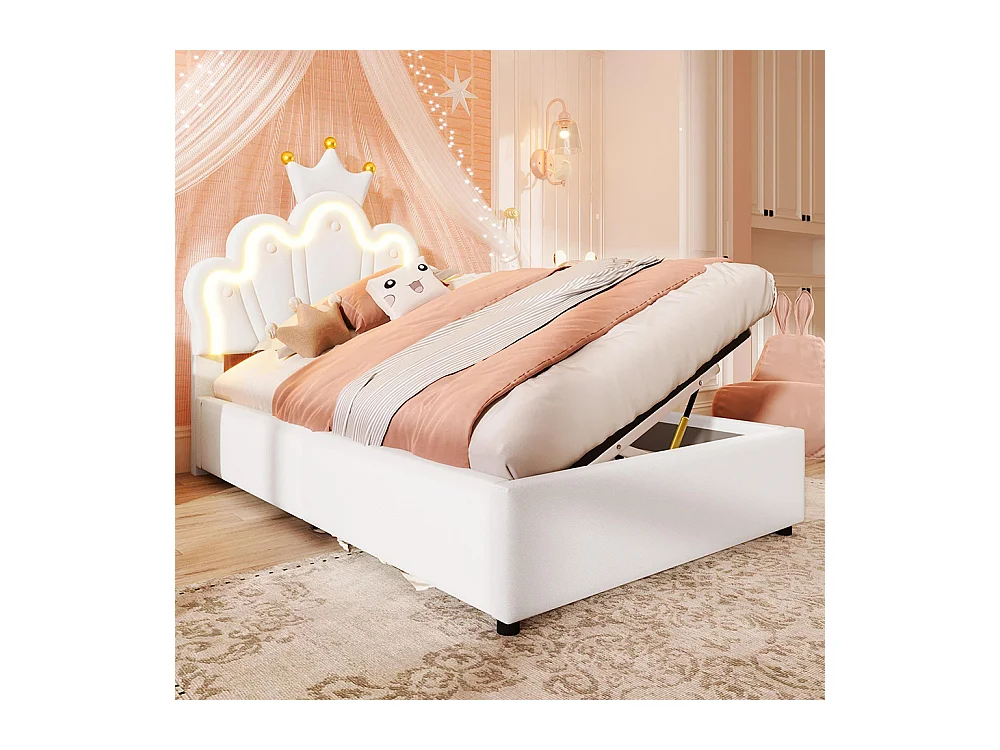 Lit coffre princesse rembourré 90x200 cm sans matelas LED hydraulique tête réglable couronne PU blanc
