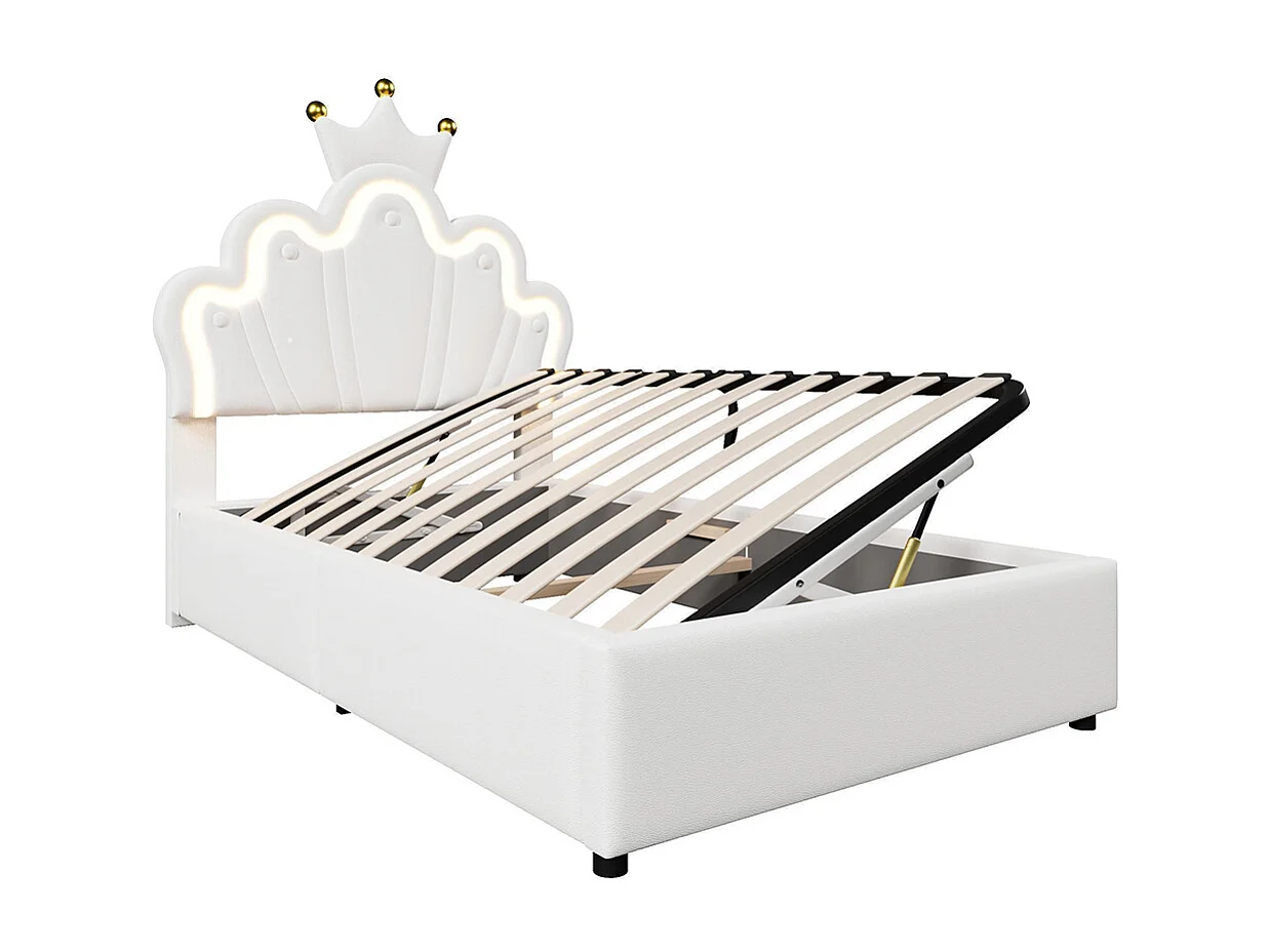 Lit coffre princesse rembourré 90x200 cm sans matelas LED hydraulique tête réglable couronne PU blanc