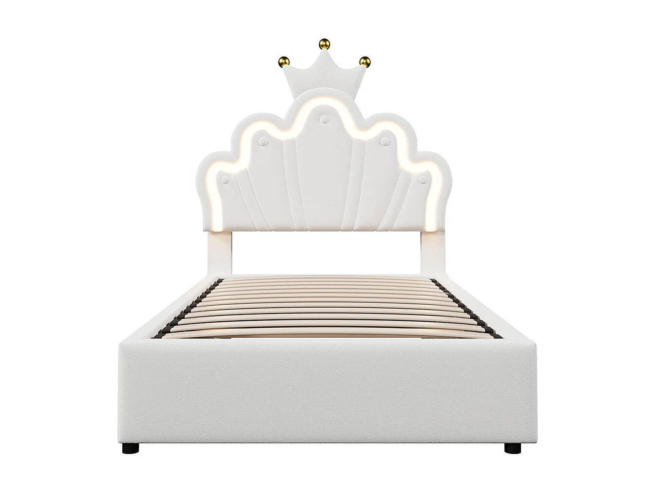 Lit coffre princesse rembourré 90x200 cm sans matelas LED hydraulique tête réglable couronne PU blanc