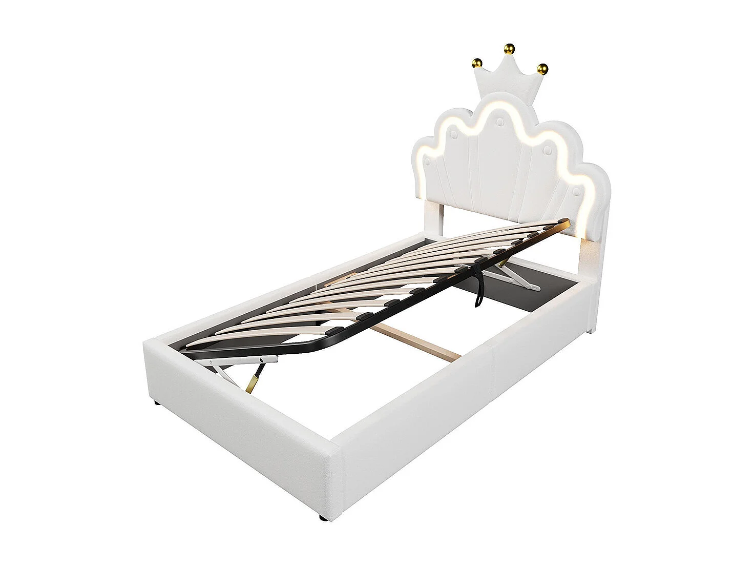 Lit coffre princesse rembourré 90x200 cm sans matelas LED hydraulique tête réglable couronne PU blanc