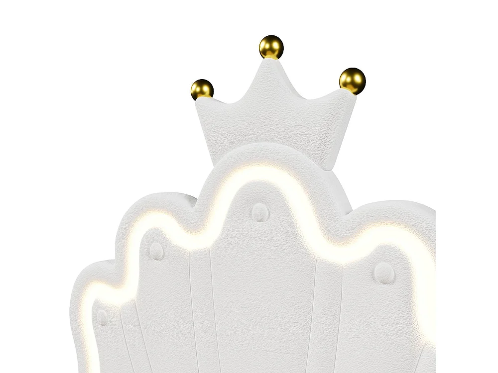 Lit coffre princesse rembourré 90x200 cm sans matelas LED hydraulique tête réglable couronne PU blanc
