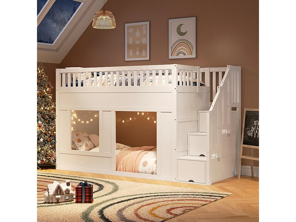 Lit mezzanine enfant 90x200 cm multifonctionnel armoire escalier espace jeu sans matelas blanc