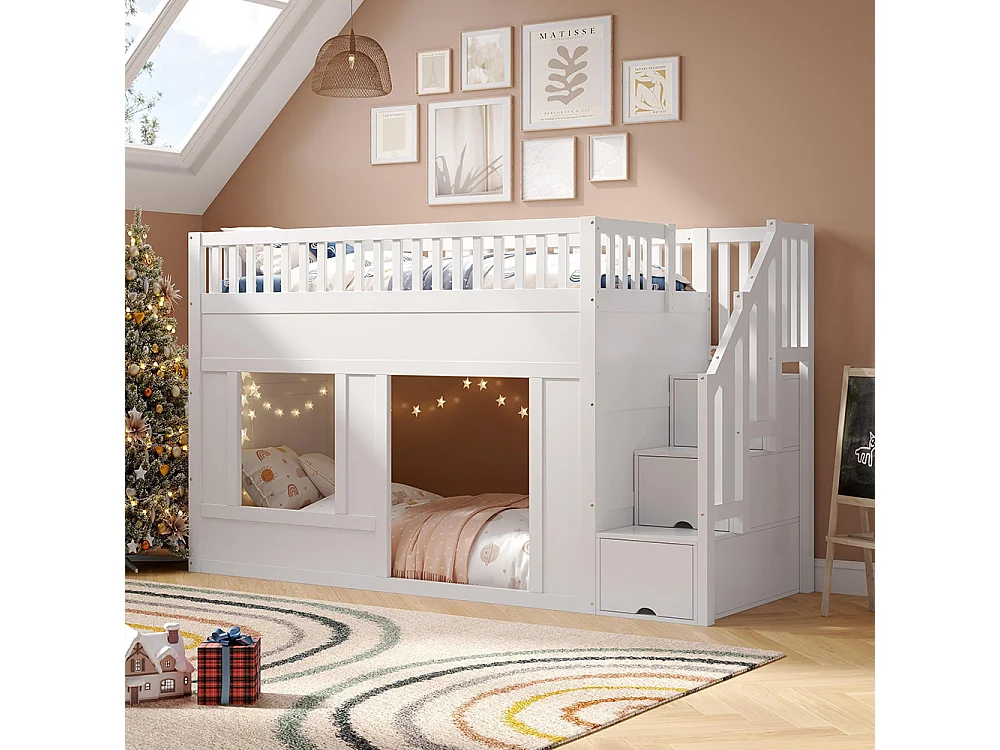 Lit mezzanine enfant 90x200 cm multifonctionnel armoire escalier espace jeu sans matelas blanc