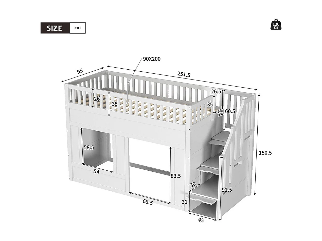 Lit mezzanine enfant 90x200 cm multifonctionnel armoire escalier espace jeu sans matelas blanc